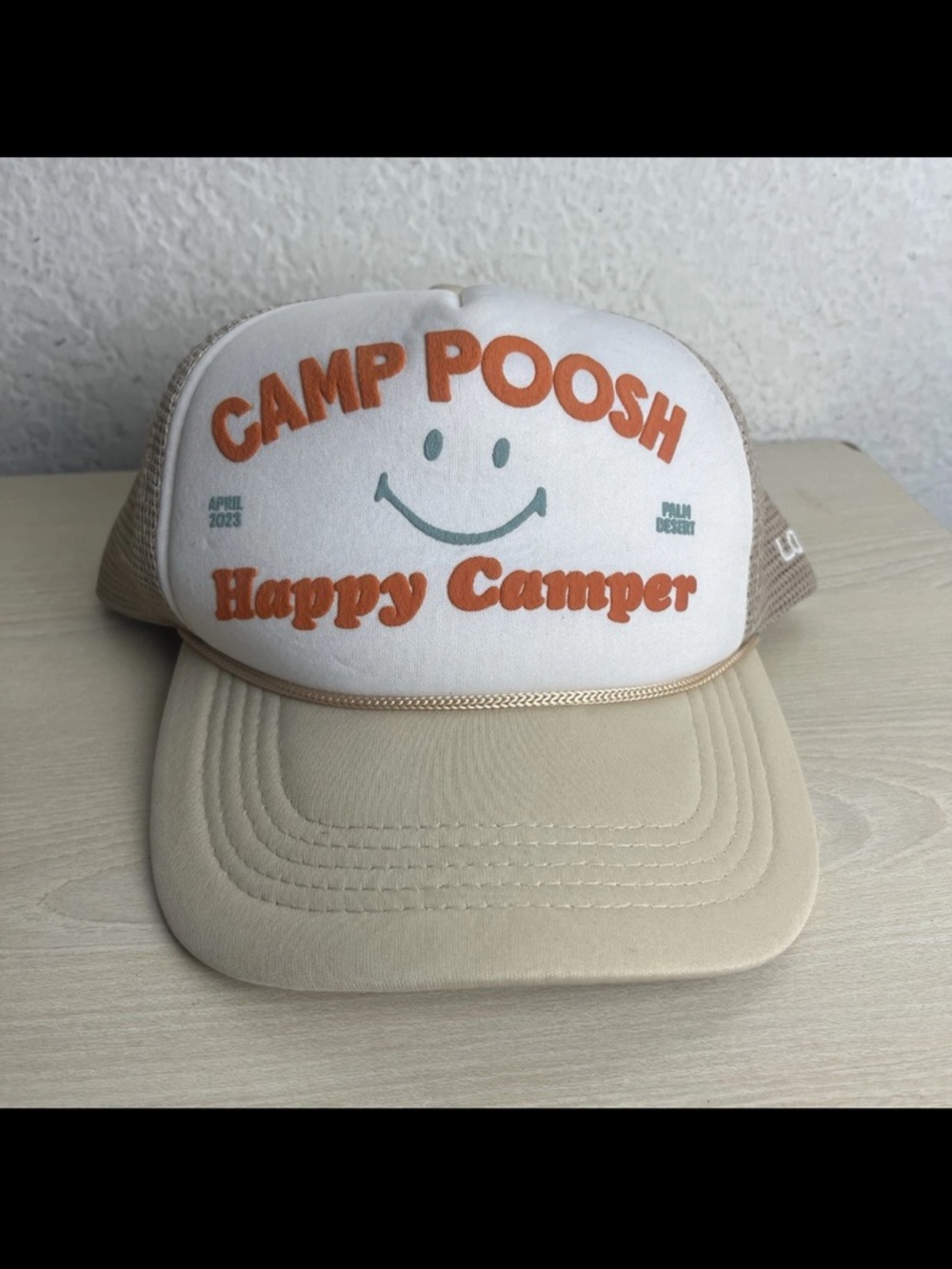 Lonely Ghost x Camp Poosh Trucker Hat Kourtney Kardashian Tan Coachella